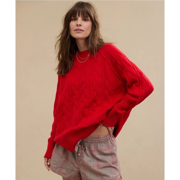 Aerie unREAL Cable Knit Crew Neck Sweater Red Oversized Pullover Size Small NWT - Picture 1 of 8